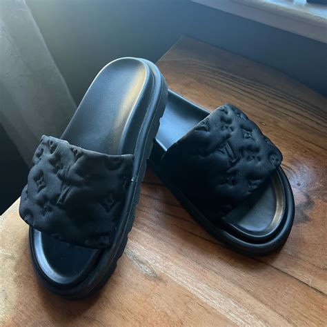 lv black sliders|louis vuitton fluffy slides.